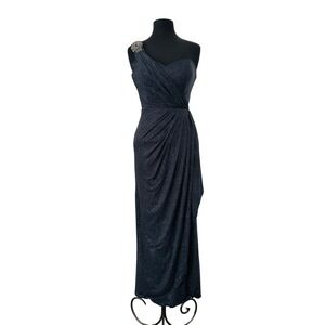 Xscape Evening Dress 6 One Shoulder Navy Blue Glitter Gown Ruched Formal Prom
